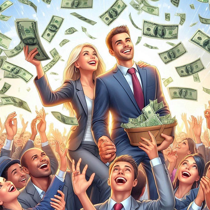 A businessman in a suit screaming with euphoric joy as money explodes around him near a window, his face contorted into an expression that medical professionals would describe as concerning