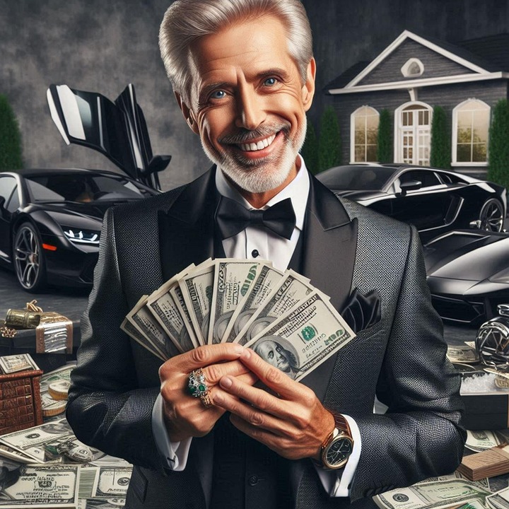 A person being showered with money in an almost religious ecstasy of capitalist accumulation